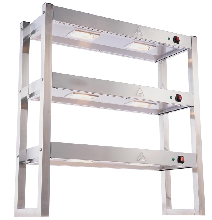 Lámpara Calefactora Comercial para Alimentos, Luz Caliente para Buffet de Acero Inoxidable con Estructura de Tres Niveles para Mantener Calientes Pollo Frito y Papas Fritas, con Interruptores Independientes y 6 Bombillas de 300W