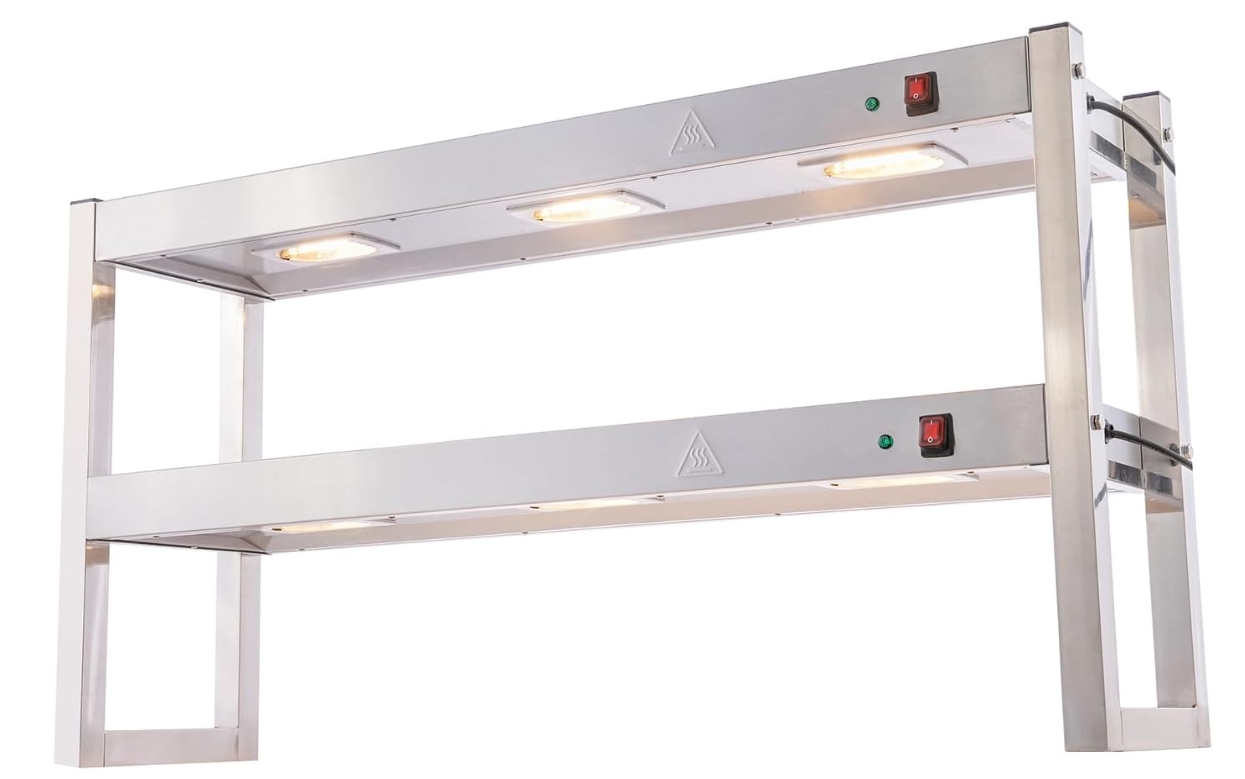 Commercial Food Warmer Light and Shelf, Bulbs Buffet Food Heating Lamp Stainless Steel Double Layers Shelf for Fried Chicken French Fry Warming Station with Independent Switch, 6x300W Bulbs