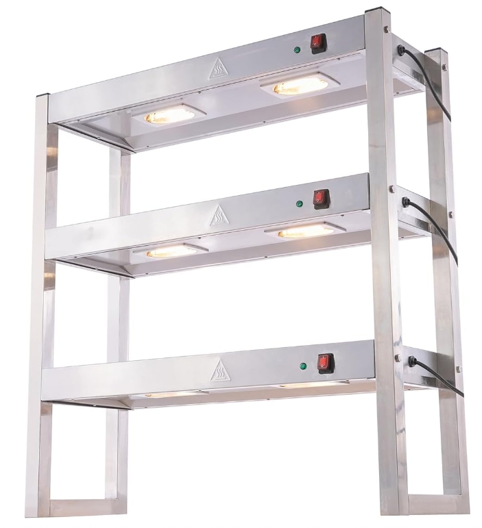 Lámpara Calefactora Comercial para Alimentos, Luz Caliente para Buffet de Acero Inoxidable con Estructura de Tres Niveles para Mantener Calientes Pollo Frito y Papas Fritas, con Interruptores Independientes y 6 Bombillas de 300W